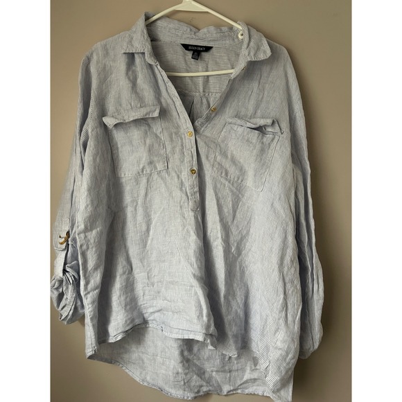 Ellen Tracy Tops - Ellen Tracy Striped Linen Blend Button Up Shirt Top Womens L Coastal Nautical